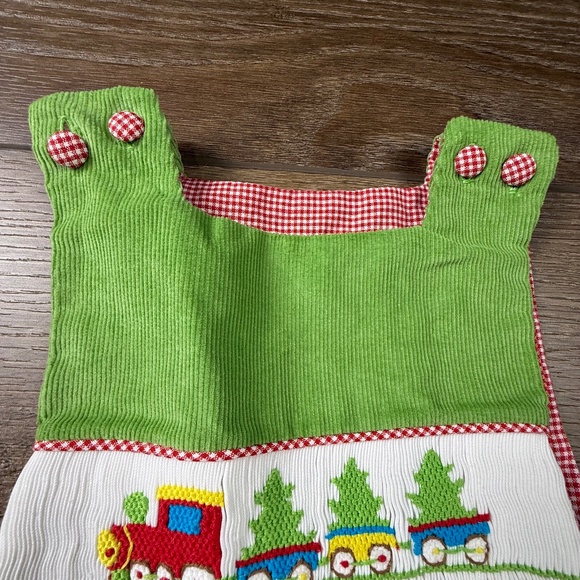 Pleats & Stitches Christmas Train Smocked Longall, Holiday, Green, Lined, Sz 12M - Picture 3 of 11